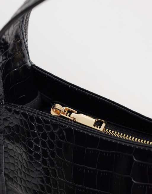PASQ - Bolso de hombro negro efecto piel de cocodrilo brillante, 3 de 4