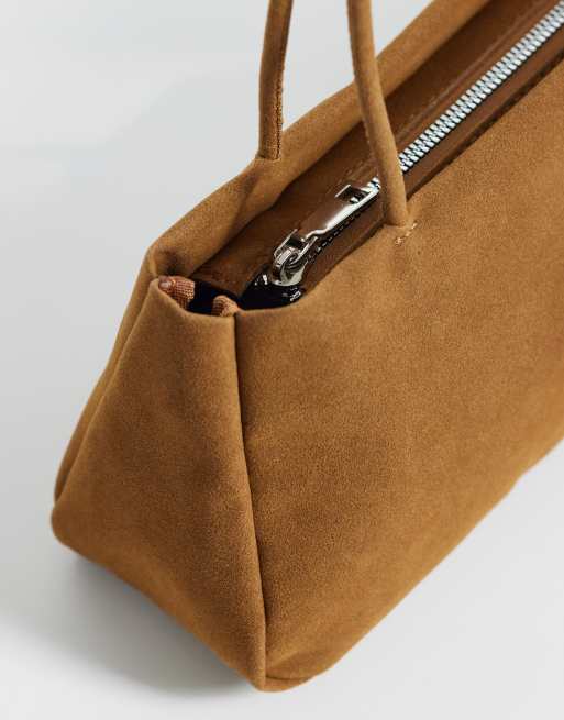 PASQ - Bolso de hombro tostado minimalista con correa larga de antelina, 3 de 4