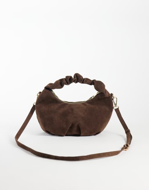 PASQ - bolso de mano fruncido suave en ante marrón oscuro, 4 de 4