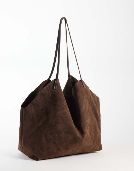 PASQ - bolso tote grande de ante marrón chocolate, 4 de 4