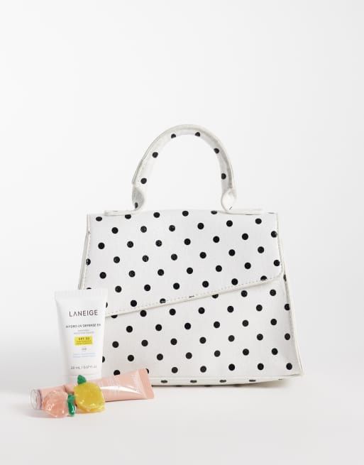 PASQ borsa a mano con patta diagonale e tracolla in bianco a pois, 2 di 4