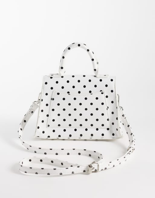 PASQ borsa a mano con patta diagonale e tracolla in bianco a pois, 4 di 4