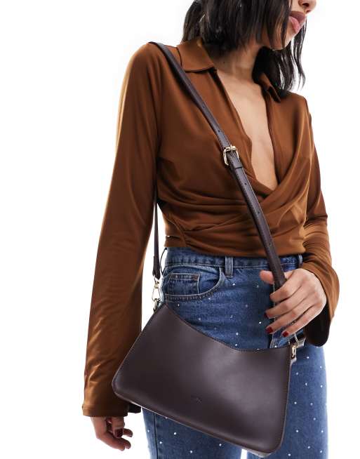 PASQ - Borsa da spalla minimal stile anni '90 color marrone cioccolato con tracolla rimovibile, 4 di 4