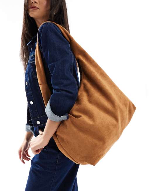 PASQ - Borsa da spalla morbida color cuoio in camoscio sintetico 