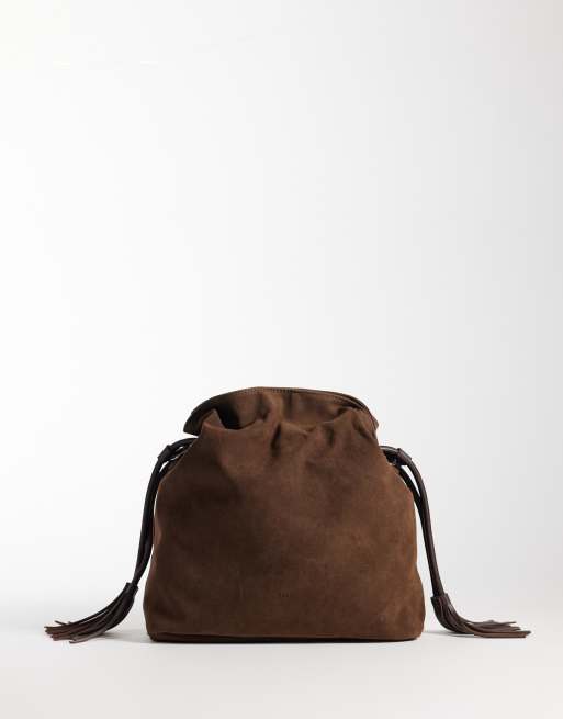 PASQ borsa grande a tracolla con coulisse in camoscio color cioccolato, 1 di 4