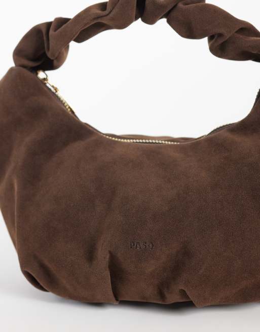 PASQ borsa morbida arricciata con manico in camoscio marrone scuro, 3 di 4