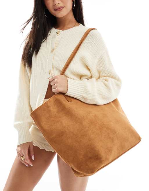 PASQ - Borsa shopping color cuoio in camoscio sintetico con alette 
