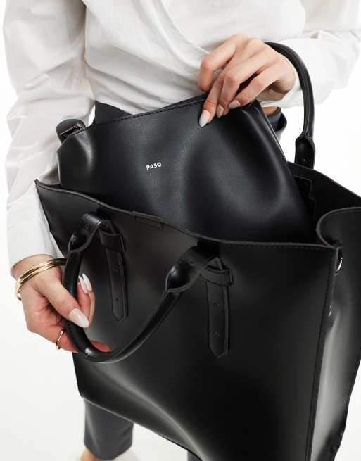 PASQ - Borsa shopping strutturata nera con tracolla rimovibile, 4 di 4