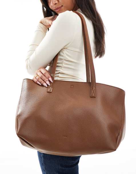 PASQ - Borsa shopping tortora scuro testurizzata con clip laterali e manici doppi - view 1