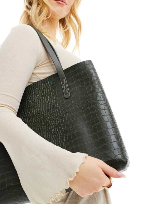 PASQ Borsa shopping verde scuro effetto coccodrillo ASOS