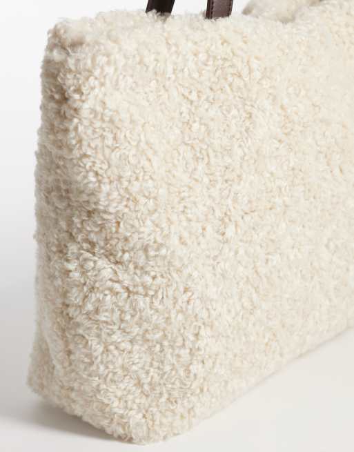 PASQ borsa tote in pelliccia sintetica color crema, 3 di 4