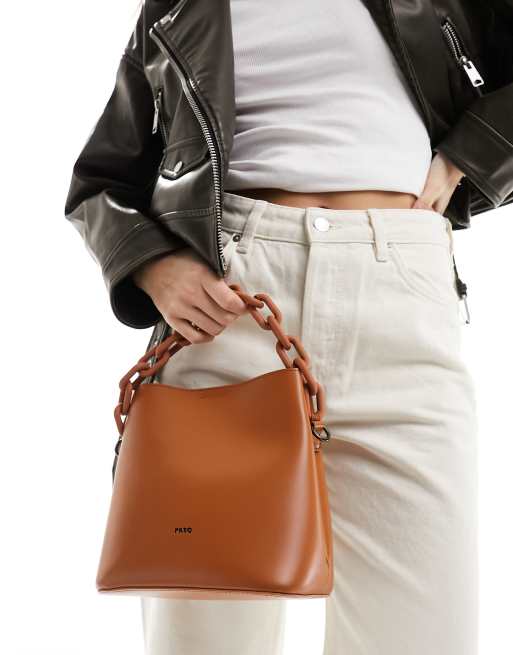 PASQ bucket bag with chain top handle and detachable crossbody strap in tan