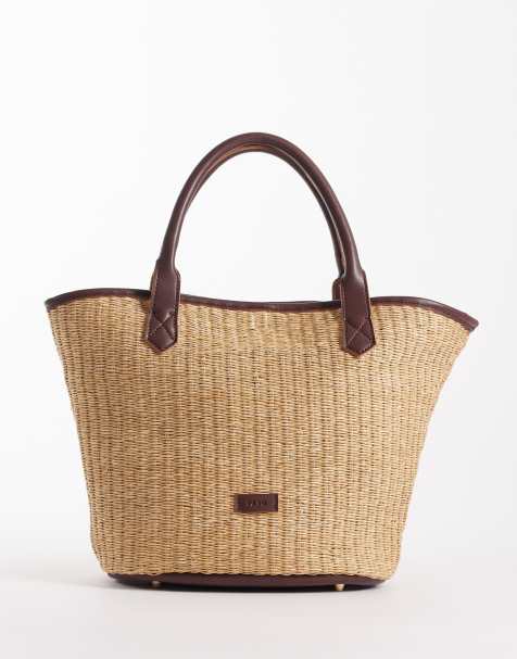 PASQ - Cabas taille moyenne en paille avec bandoulière - Marron et beige - view 1