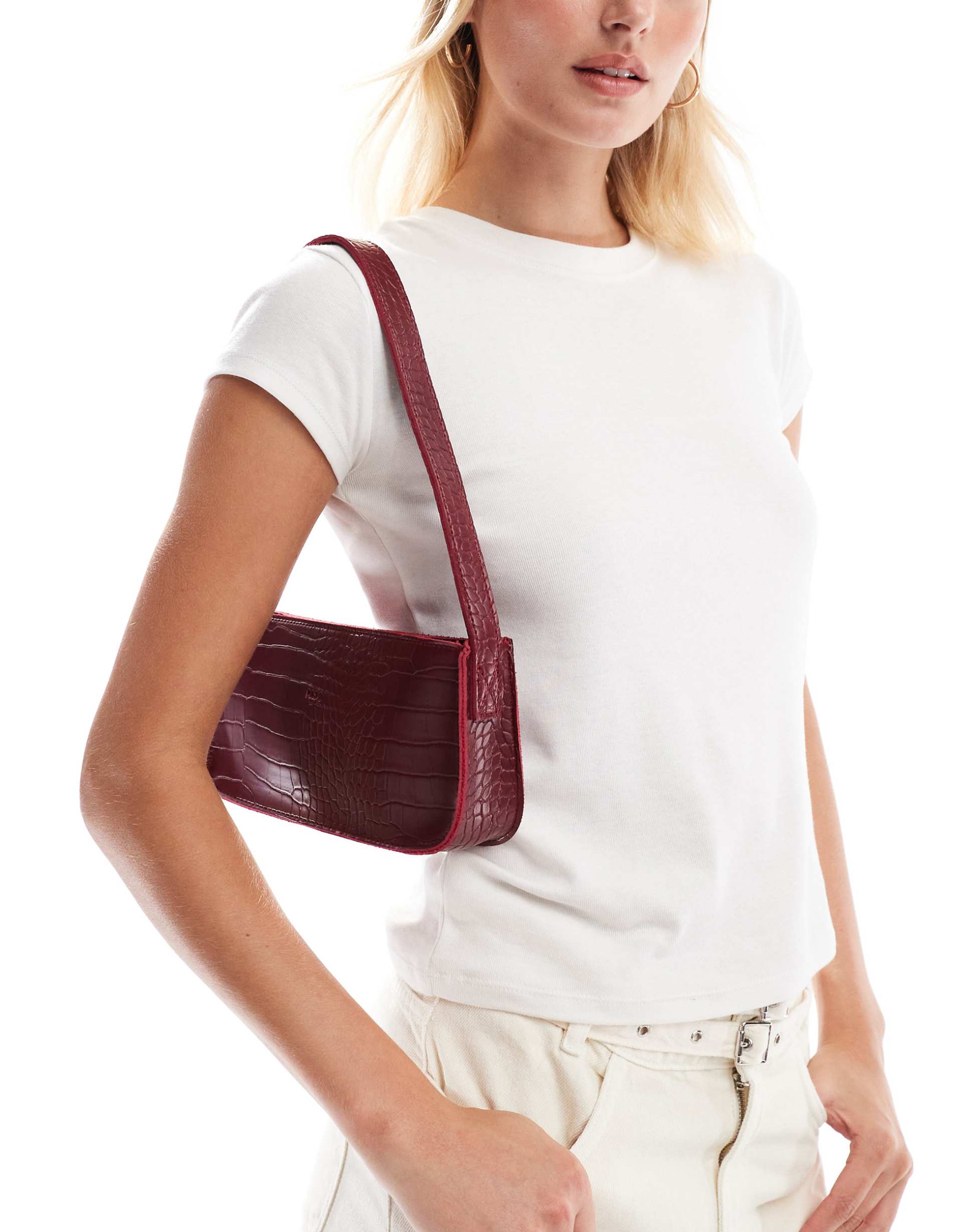 pasq croc minimal shoulder bag in dark burgundy