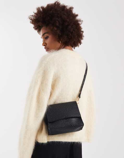 PASQ croc top handle and crossbody flap bag in black - view 1