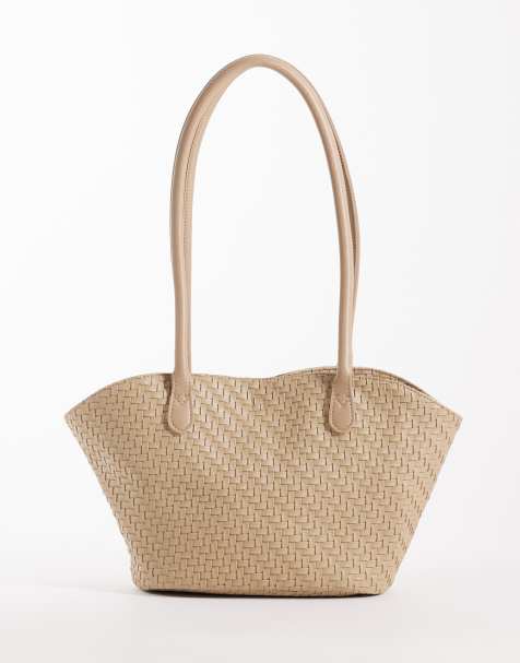 PASQ curved small woven tote bag in beige - view 1