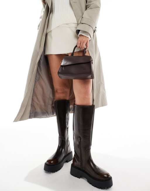 PASQ diagonal flap grab bag with crossbody strap in chocolate brown, 2 of 4