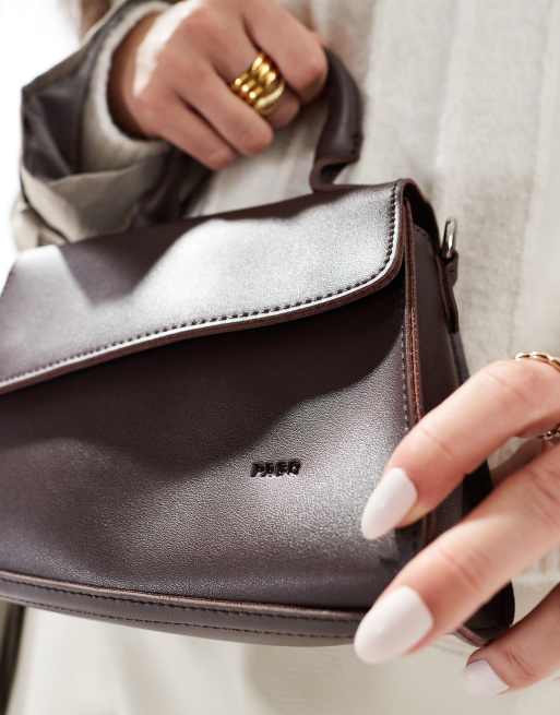 PASQ diagonal flap grab bag with crossbody strap in chocolate brown, 3 of 4