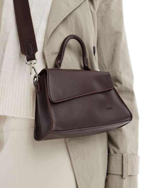 PASQ diagonal flap grab bag with crossbody strap in chocolate brown, 4 of 4