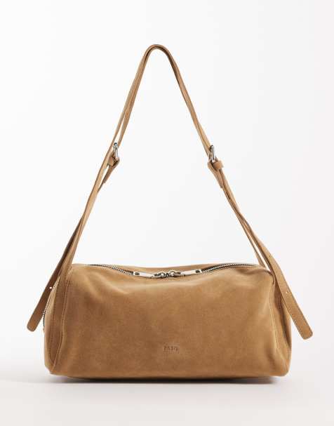 PASQ double strap faux suede shoulder bag in tan - view 1