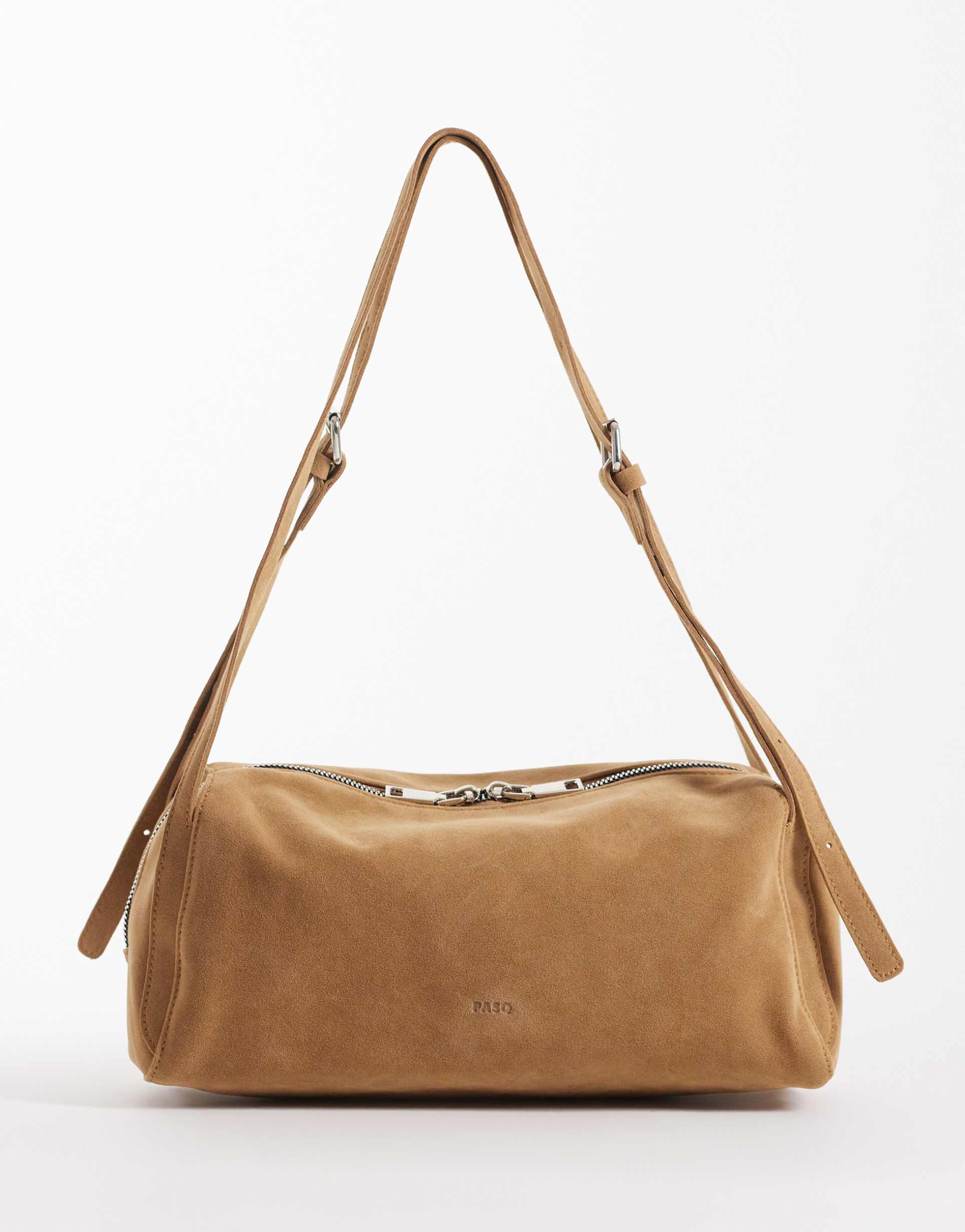 pasq double strap faux suede shoulder bag in tan