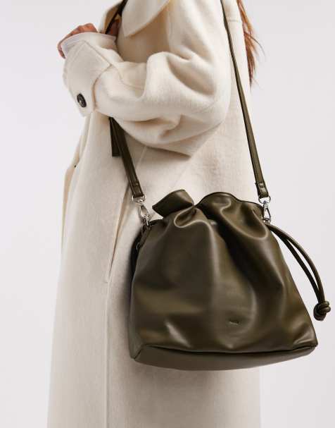 PASQ draw string soft shoulder bag in khaki green - view 1