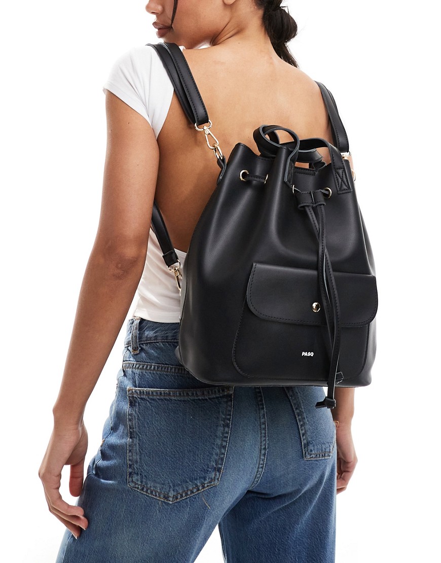 PASQ drawstring backpack with pocket detail in black