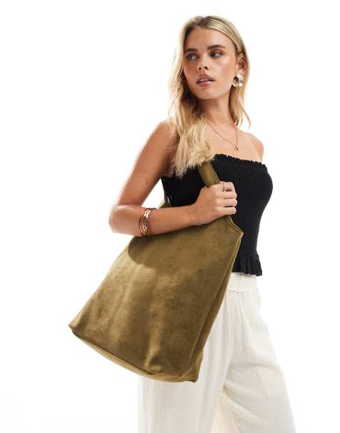 PASQ faux suede a line tote bag in dark green - view 1