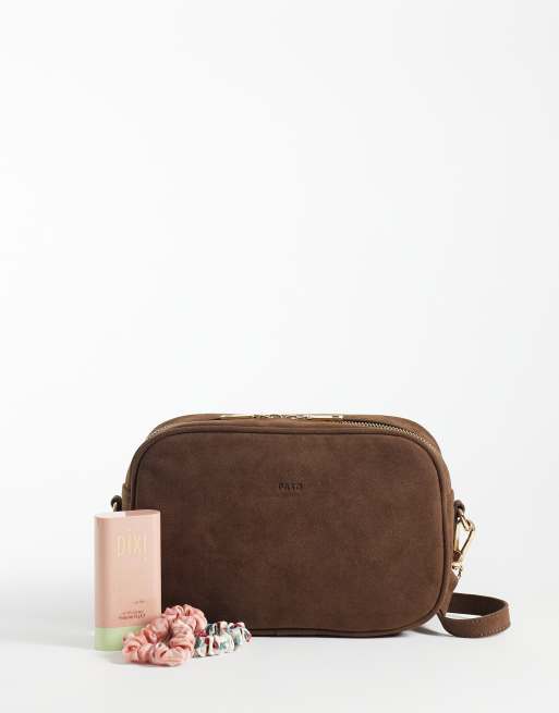 PASQ faux suede cross body camera bag in chocolate brown, 2 of 4