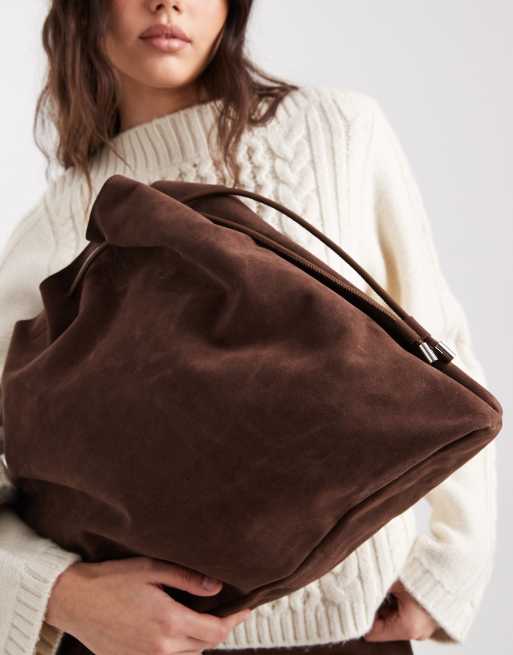 PASQ faux suede drawstring tote bag in dark brown, 3 of 4