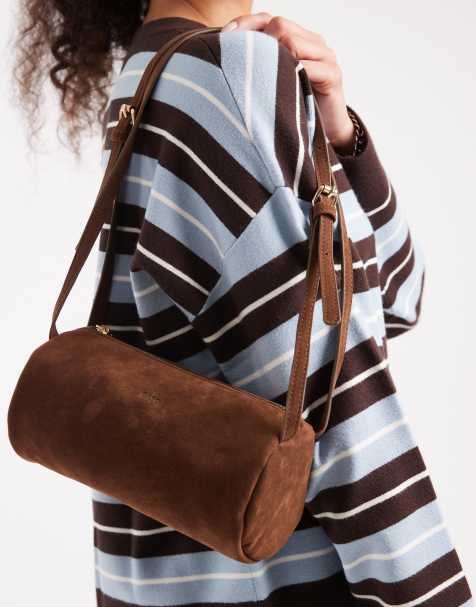 PASQ faux suede dual strap barrel bag in dark brown - view 1