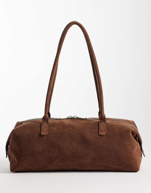 PASQ faux suede elongated shoulder bag in brown, 4 of 4
