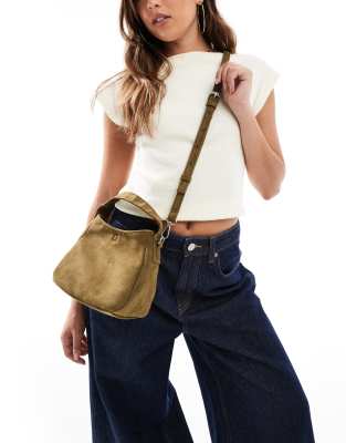 PASQ faux suede mini slouch bag with crossbody strap in dark green - view 1