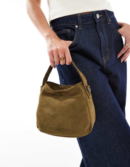 PASQ faux suede mini slouch bag with crossbody strap in dark green