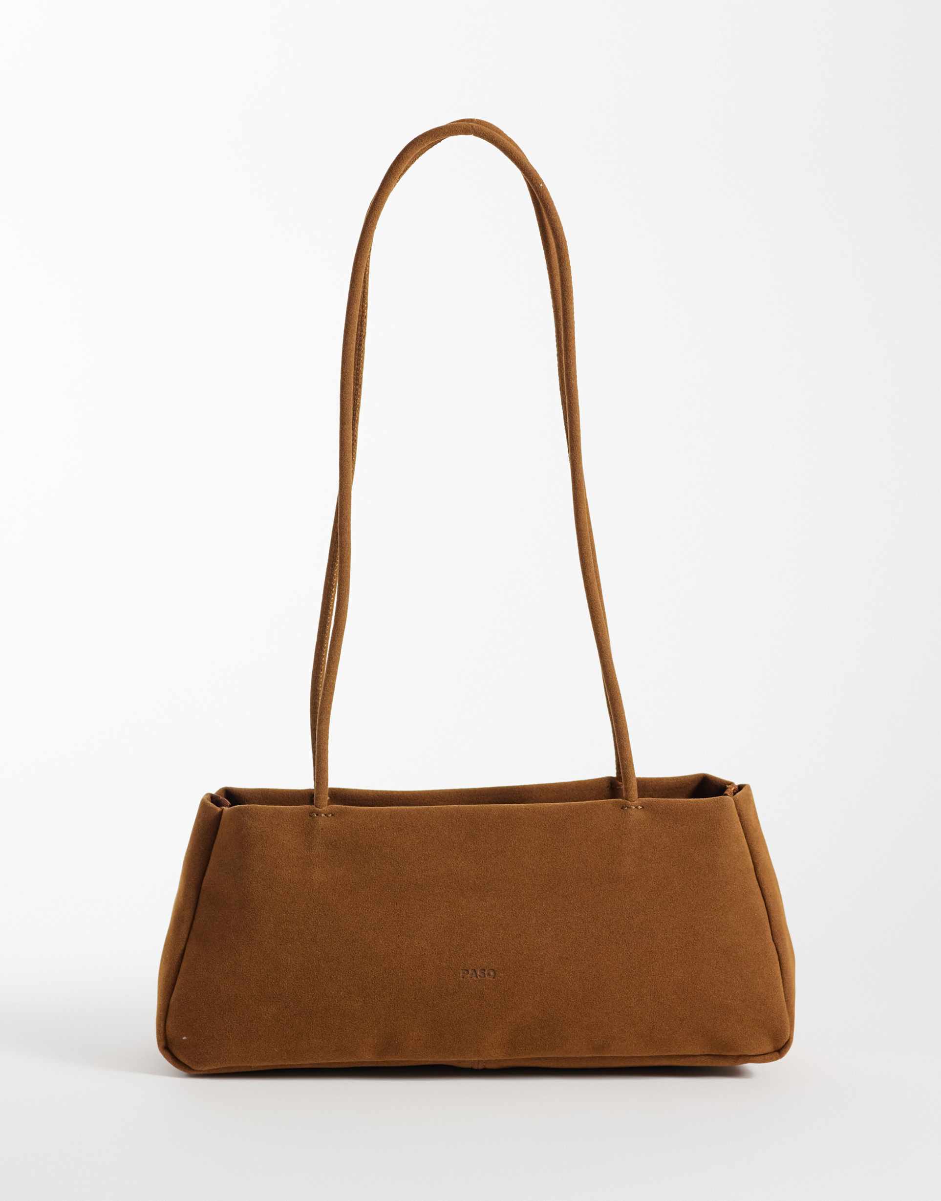 pasq faux suede minimal long strap shoulder bag in tan