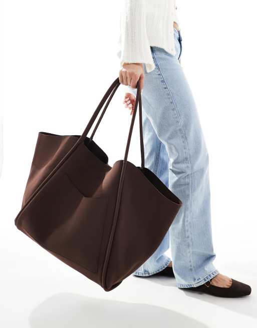 PASQ faux suede oversized slouch tote bag with removable pouch in brown