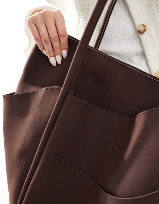 PASQ faux suede oversized slouch tote bag with removable pouch in brown, 3 of 4