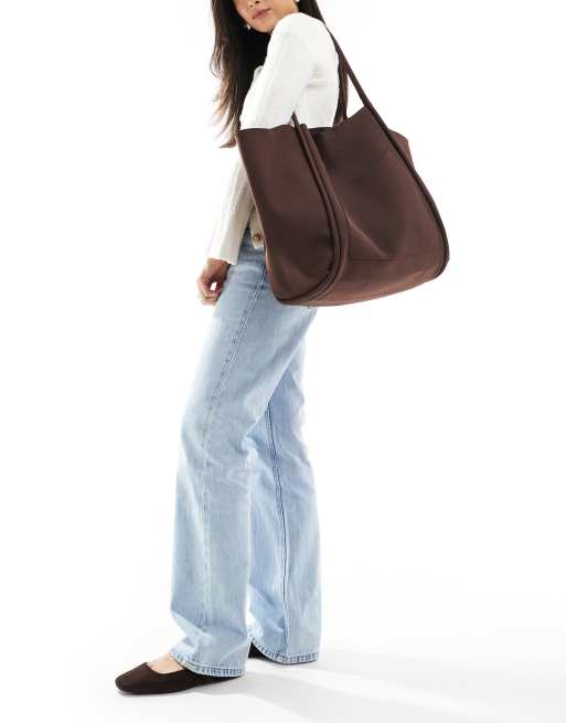 PASQ faux suede oversized slouch tote bag with removable pouch in brown