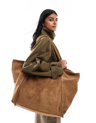 PASQ faux suede slouch large tote bag in cocoa creme - view 1