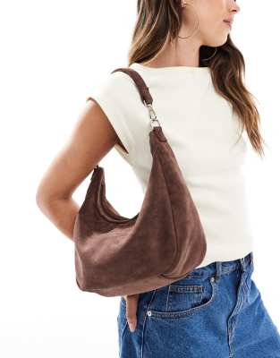 PASQ faux suede slouch shoulder and crossbody bag in cocoa brown - view 1