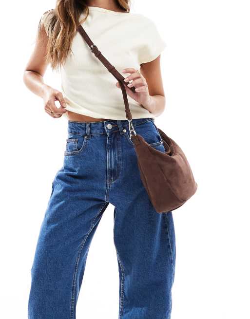 PASQ faux suede slouch shoulder and crossbody bag in cocoa brown, 4 of 4