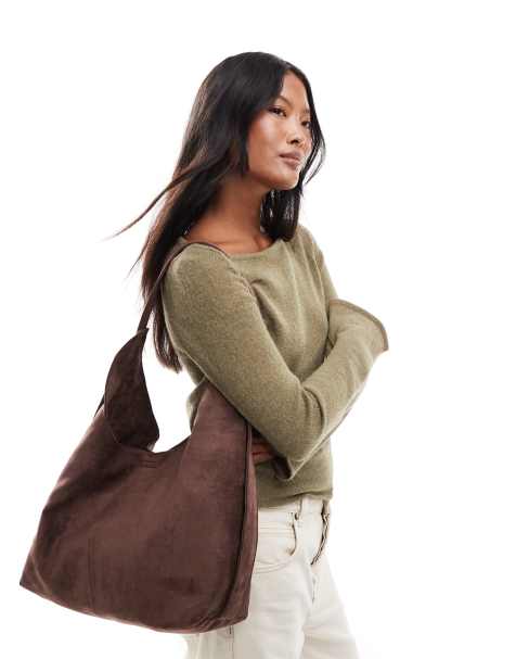 PASQ  faux suede slouch tote bag with strap detail in brown - view 1