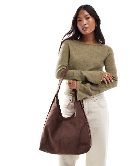 PASQ faux suede slouch tote bag with strap detail in brown, 3 of 4