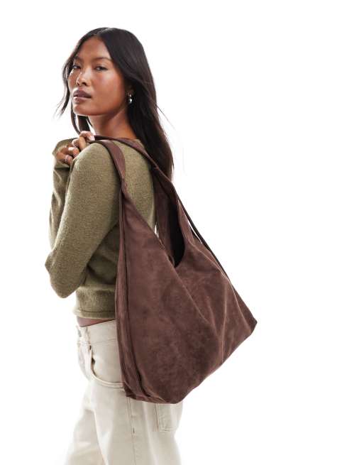 PASQ faux suede slouch tote bag with strap detail in brown, 4 of 4