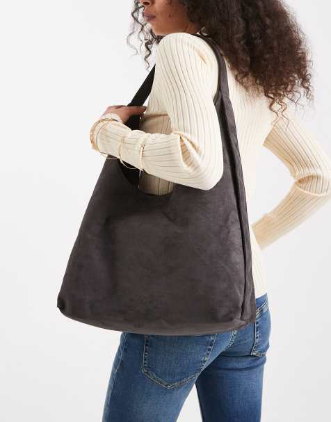 PASQ faux suede slouch tote bag with strap detail in gray - view 1