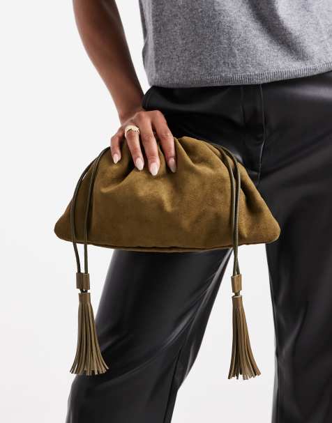 PASQ faux suede small draw string bag in khaki green - view 1