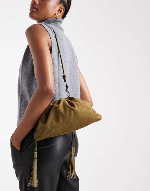 PASQ faux suede small draw string bag in khaki green, 2 of 4
