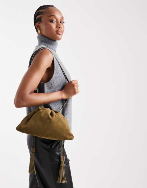 PASQ faux suede small draw string bag in khaki green, 3 of 4