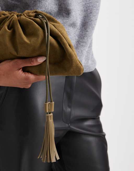 PASQ faux suede small drawstring bag in khaki green, 4 of 4