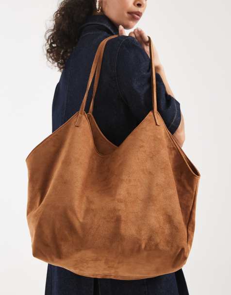 PASQ faux suede twin strap v detail tote bag in tan - view 1